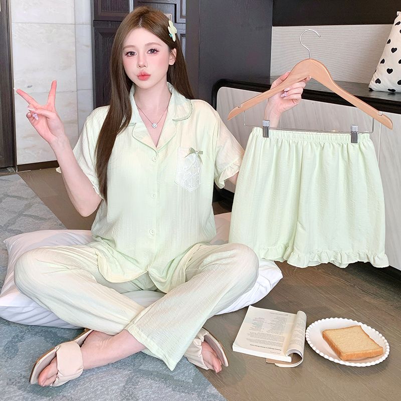2025夏季新款天丝棉睡衣女带胸垫纯色简约轻奢短袖家居服三件套装