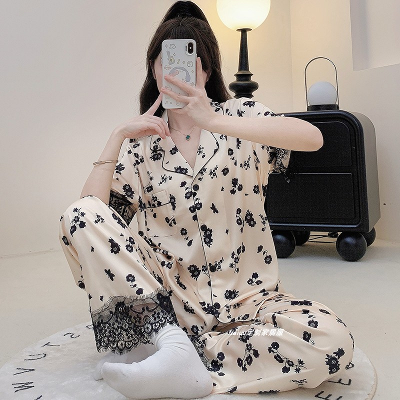 冰丝睡衣女夏季新款黑色蕾丝碎花小性感家居服短袖长裤可外穿套装