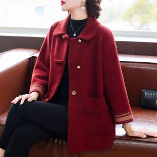婚礼红色妈妈外套春装2026新款中老年女秋冬大码毛呢中式50岁大衣