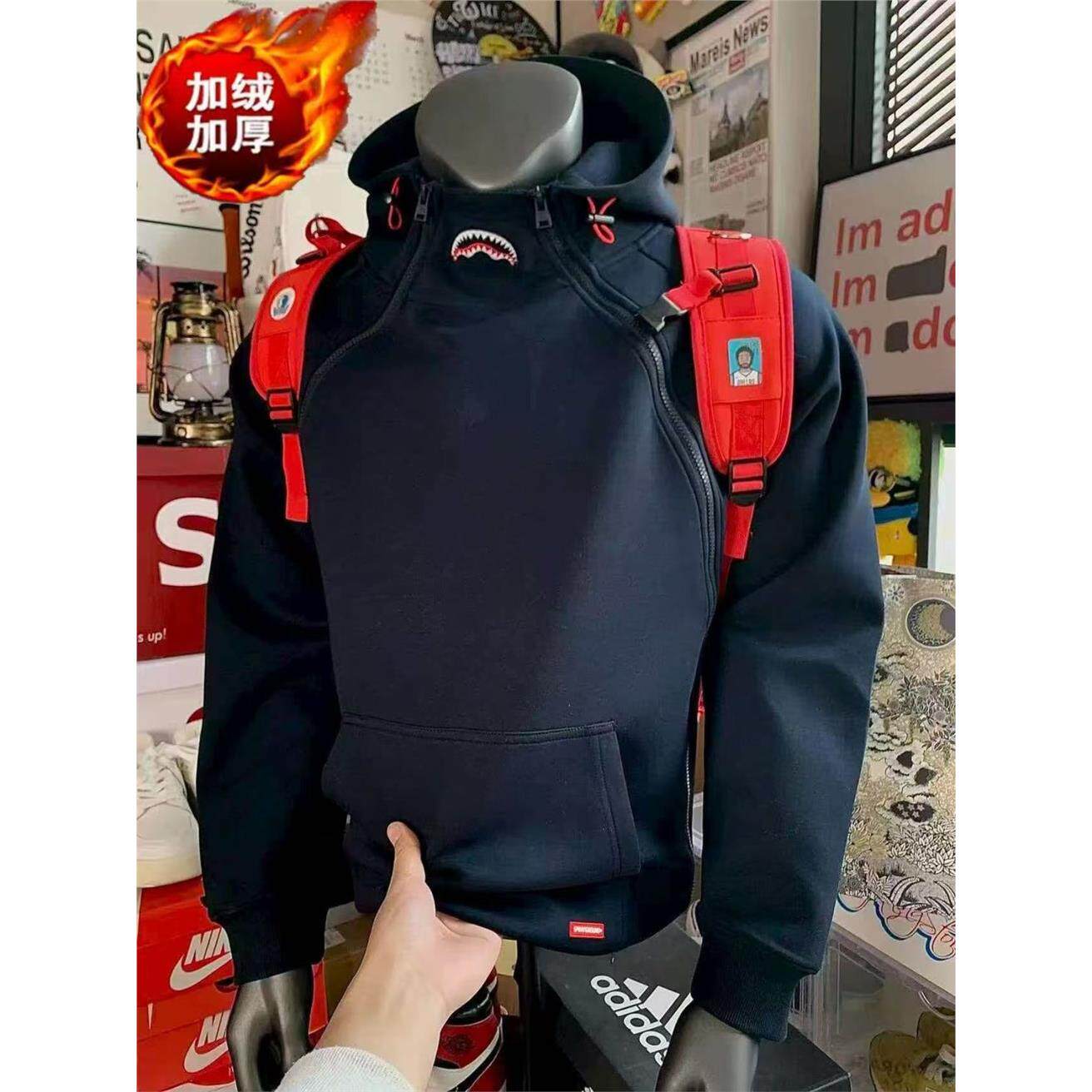 鲨鱼嘴卫衣男女秋冬款美式潮牌宇航领连帽衫藏青色情侣装拉链外套