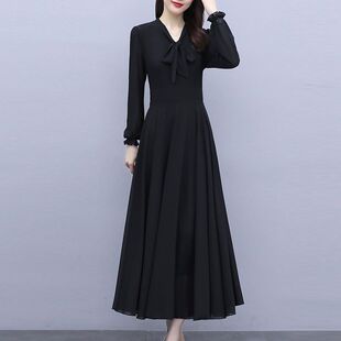 高档纯色雪纺长袖连衣裙女2026新款秋季气质修身显瘦大摆长裙子潮