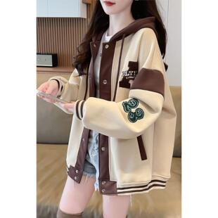 纯棉连帽棒球服外套少女秋冬季加绒学生宽松百搭休闲加厚开衫卫衣