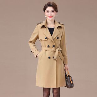 时尚中年女士腰带款双排扣风衣中老年春装新款宽松大码妈妈装外套