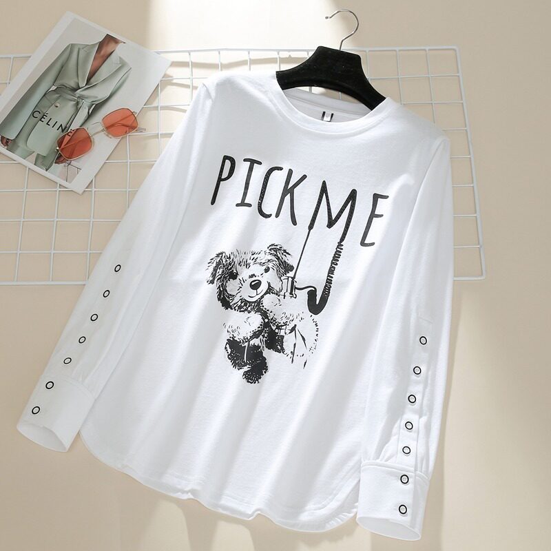 纯棉宽松T恤女长袖秋冬新款显瘦印花大码白色上衣加绒加厚打底衫