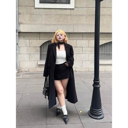 黑色毛呢外套韩版宽松中长款