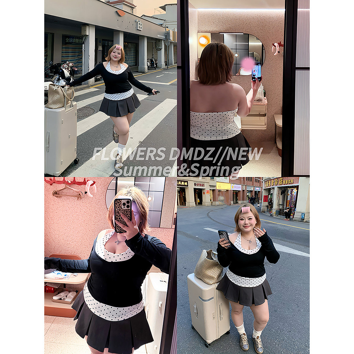 全球花【叠穿波点】大码真两件波点挂脖吊带背心显瘦收腰罩衫上衣