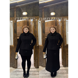 全球花【留洋千金】大码千金风立领设计气质显瘦毛呢外套半裙套装