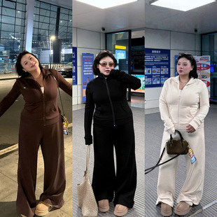 懒人出行 卫衣外套高腰裤 大码 修身 lu系加绒运动休闲套装 全球花