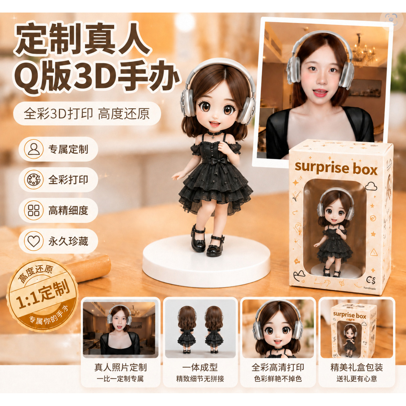 Q版3D真人手办定制照片Q版公仔高精度打印创意礼品生日纪念摆件