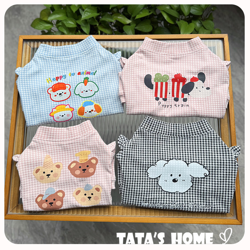 它它家原创宠物秋冬内搭法斗柯基泰迪博美巴哥格纹印花德绒打底衫