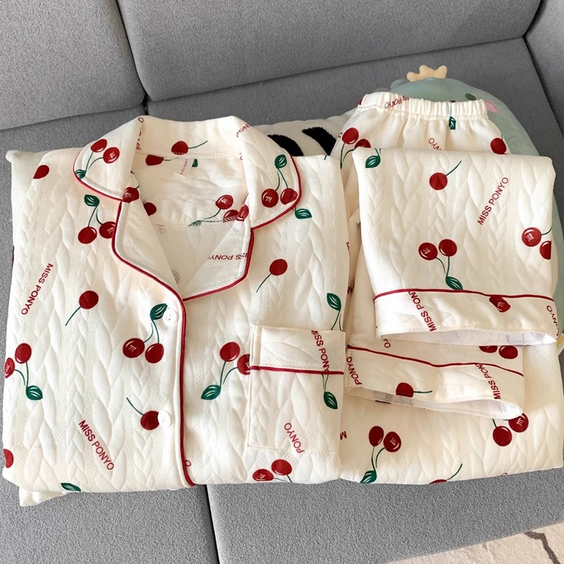 空气夹棉睡衣女长袖秋冬款夹层加厚套装甜美樱桃开衫家居服春秋季