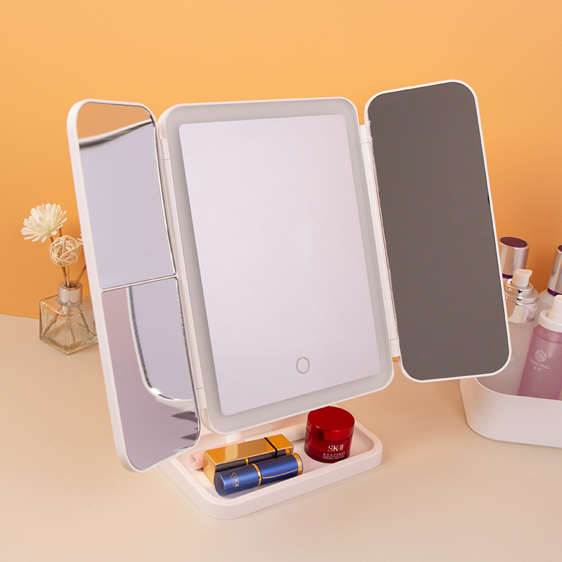 皮革银镜led化妆镜子带灯台面双开门美妆镜高颜值学生宿舍贝壳镜