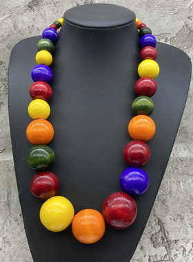 欧美跨境木质彩色圆珠大项链复古夸张非洲亚马逊爆款项坠necklace