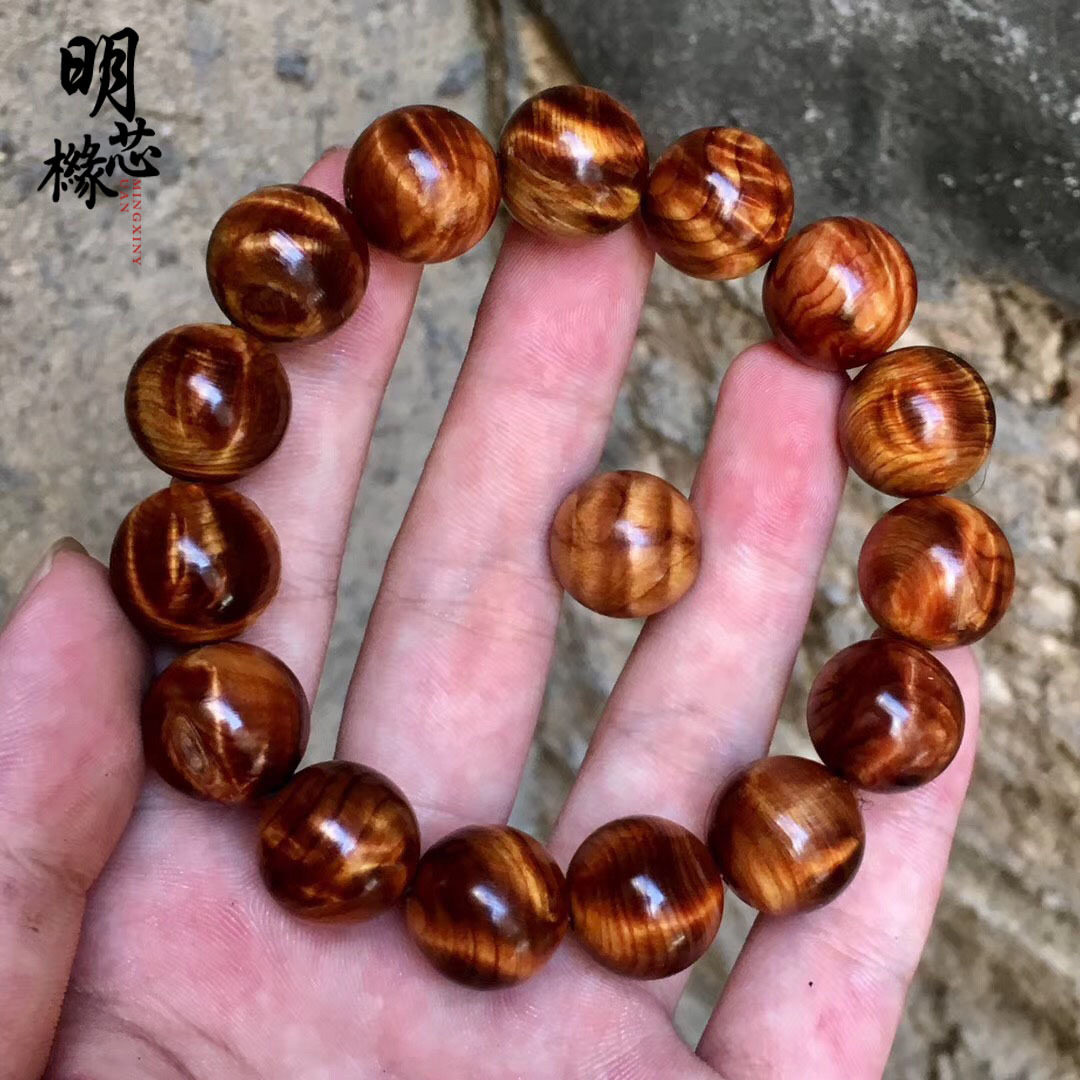 太行陈化黑油崖柏手串1.5满龙胆闪电水波纹念珠 稀有炫影佛珠手链