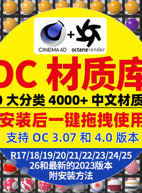 OC材质球预设包C4D中文材质库4000+金属玻璃布料octane渲染器专用