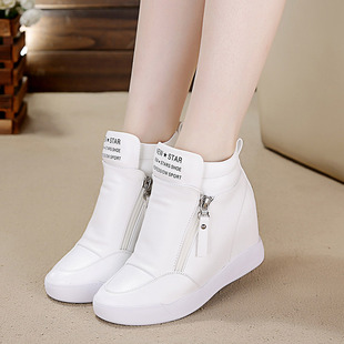 8cm 单鞋 坡跟高帮白色休闲鞋 旅游鞋 春秋新款 百搭隐形内增高女鞋