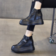 8CM厚底坡跟加绒短靴真皮靴高帮休闲鞋 黑色内增高女鞋 新款 秋冬季