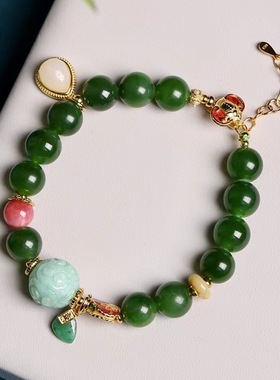 中国风天然碧玉手链冰底菠菜绿翡翠银饰多宝圆珠玉石手串一件代发