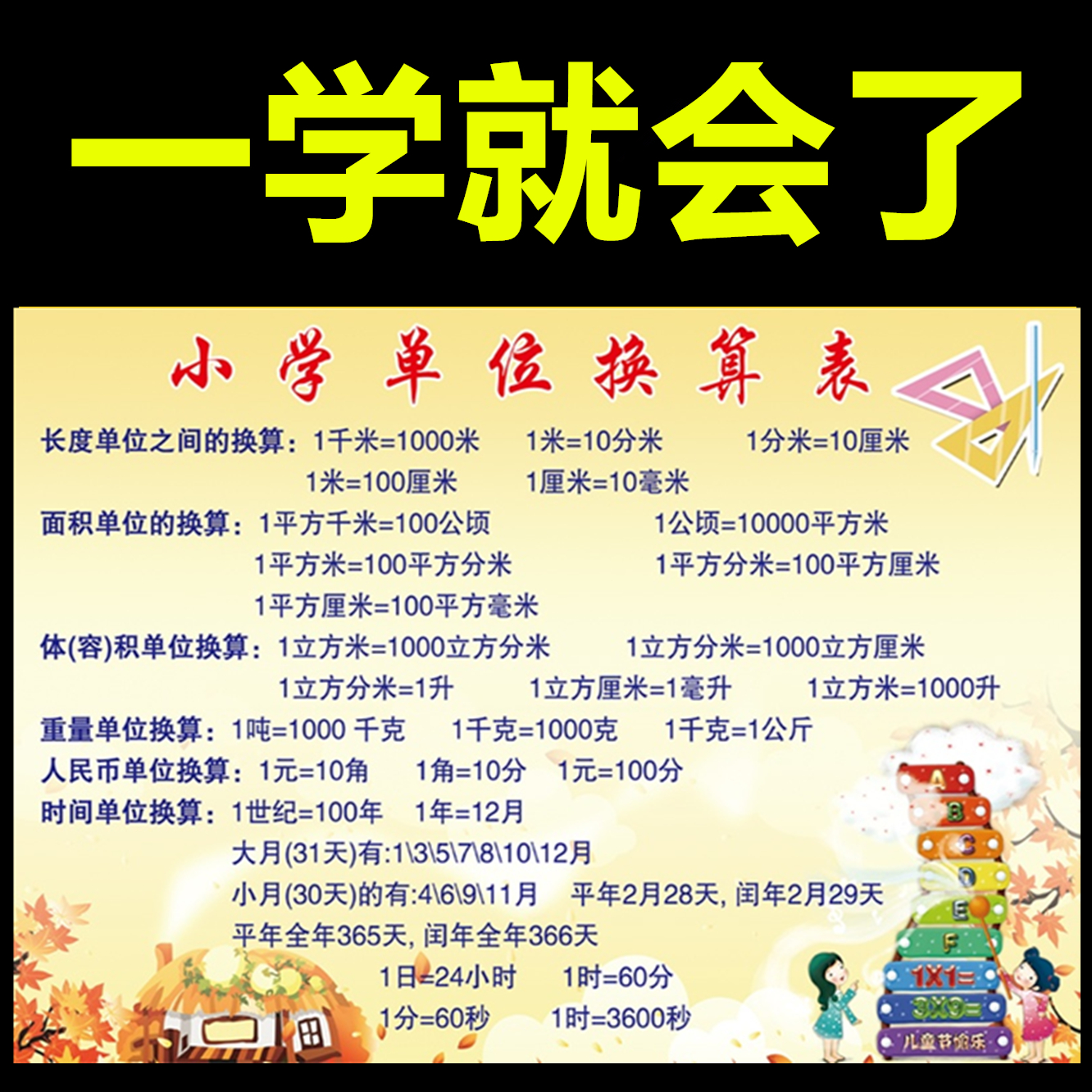 单位换算表挂图小学二三四五六年级面积体积时间数学公式大全墙贴