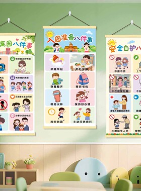幼儿园小朋友入园八件事挂画培养幼儿好习惯安全教育教室装饰墙贴