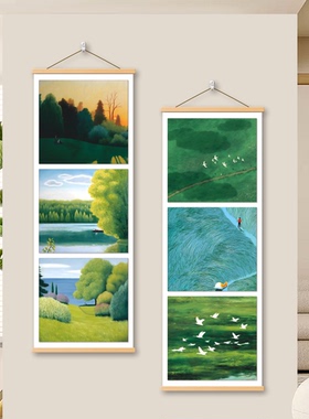 绿色中古风挂画背有靠山客餐厅墙面装饰画青山绿水大自然卷轴壁画