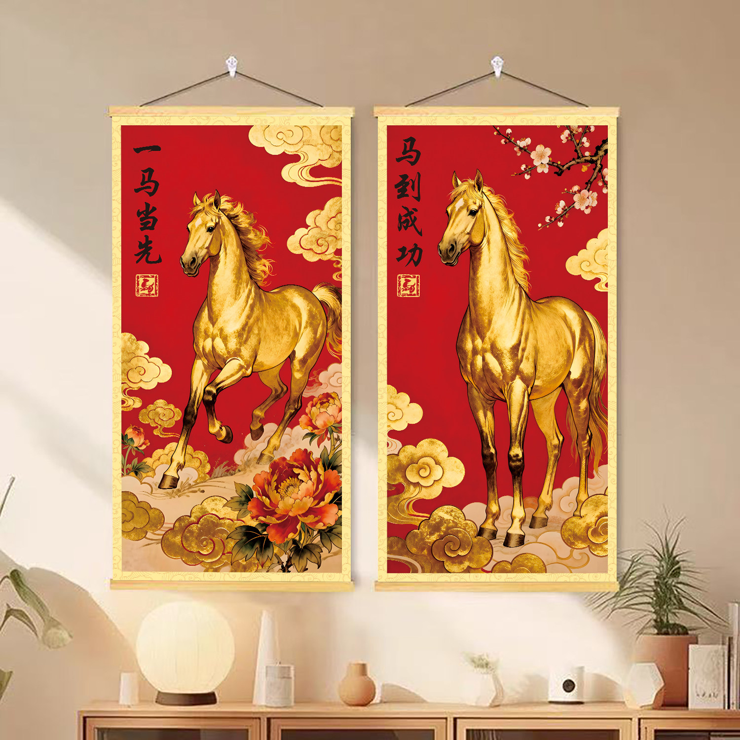 马到成功玄关挂画金色骏马办公室书房卷轴装饰画入户正门马年壁画,家居饰品,现代装饰画,淘宝优惠券,粉丝福利购,淘宝优惠卷
