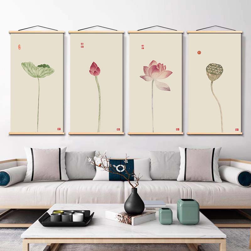 荷花办公室书房客厅新中式装饰画入户正门玄关遮挡墙壁画布艺挂画图片