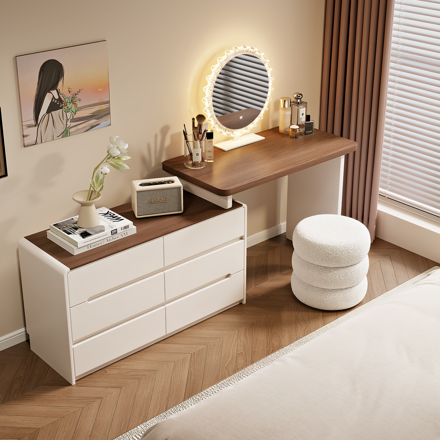 实木梳妆台卧室现代简约中古奶油风简易床尾化妆桌斗柜一体书桌