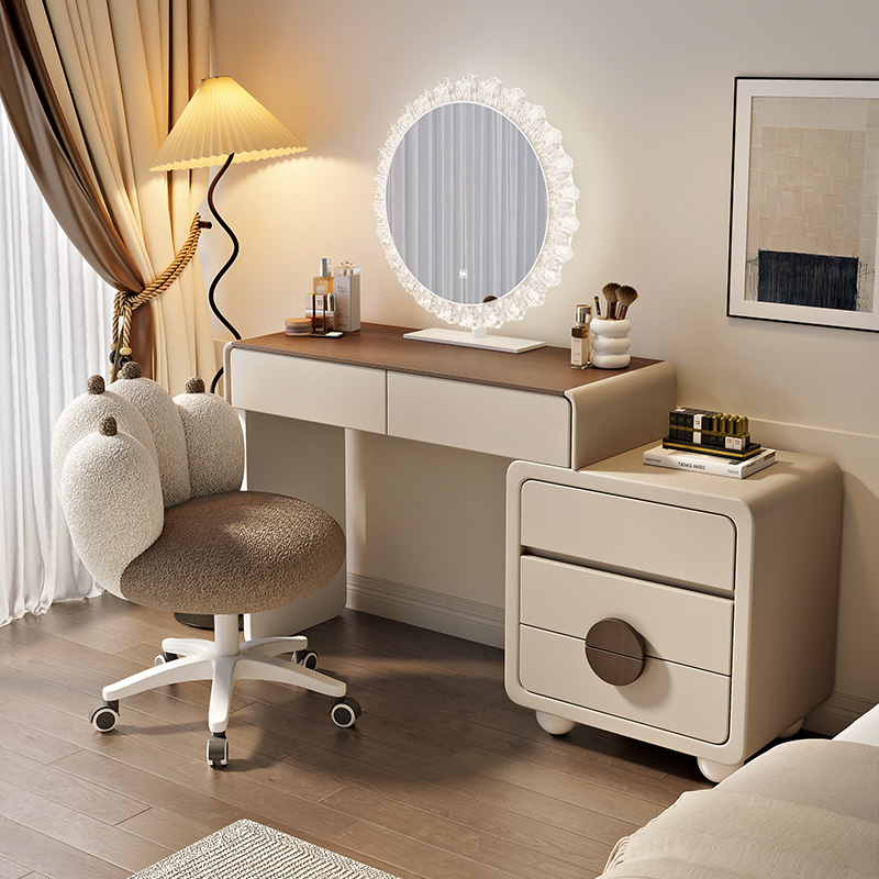 实木梳妆台卧室现代简约中古奶油风小户型高级化妆桌收纳柜一体女