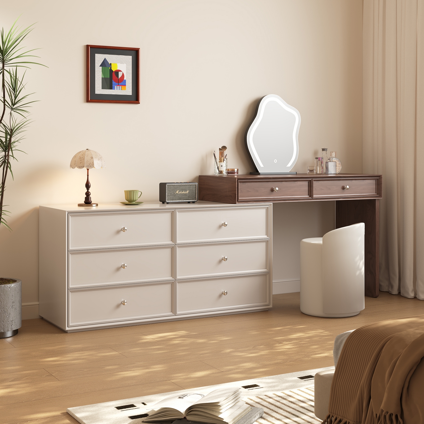 卧室梳妆台斗柜一体实木化妆桌简约现代小户型胡桃木色中古奶油风