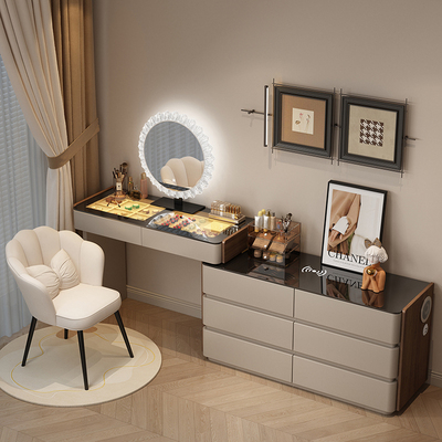 实木烤漆梳妆台卧室现代简约中古风床尾高级复古化妆桌斗柜一体