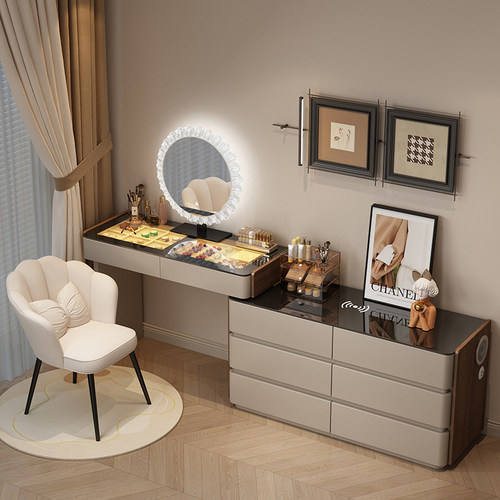 实木烤漆梳妆台卧室现代简约中古风床尾高级复古化妆桌斗柜一体