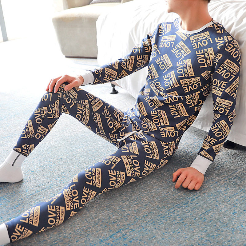 韩版个性LOVE加绒加厚男士保暖内衣套装时尚潮男透气毛衣毛裤