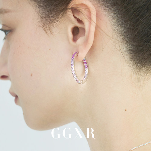 GGXR 七夕粉色渐变镶钻hoop圈圈耳环无耳洞耳夹
