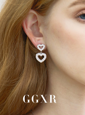 GGXR 双爱心镶嵌活彩钻耳环无耳洞耳夹高级感轻奢饰品