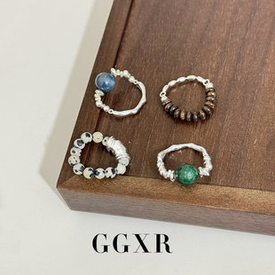 GGXR 925银碎银子天然石串珠戒指 简约百搭指环
