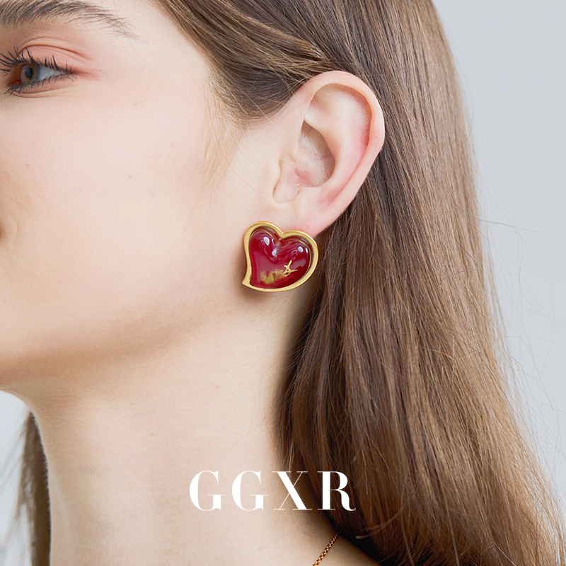 【新品】GGXR 法式复古红色爱心耳环无耳洞耳夹中古配饰