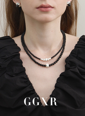 GGXR 秋冬925银黑玛瑙拉丝金属猫眼项链毛衣链