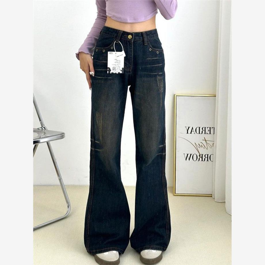 美式复古微喇叭牛仔裤女2025夏季新款高腰显瘦小个子宽松直筒长裤