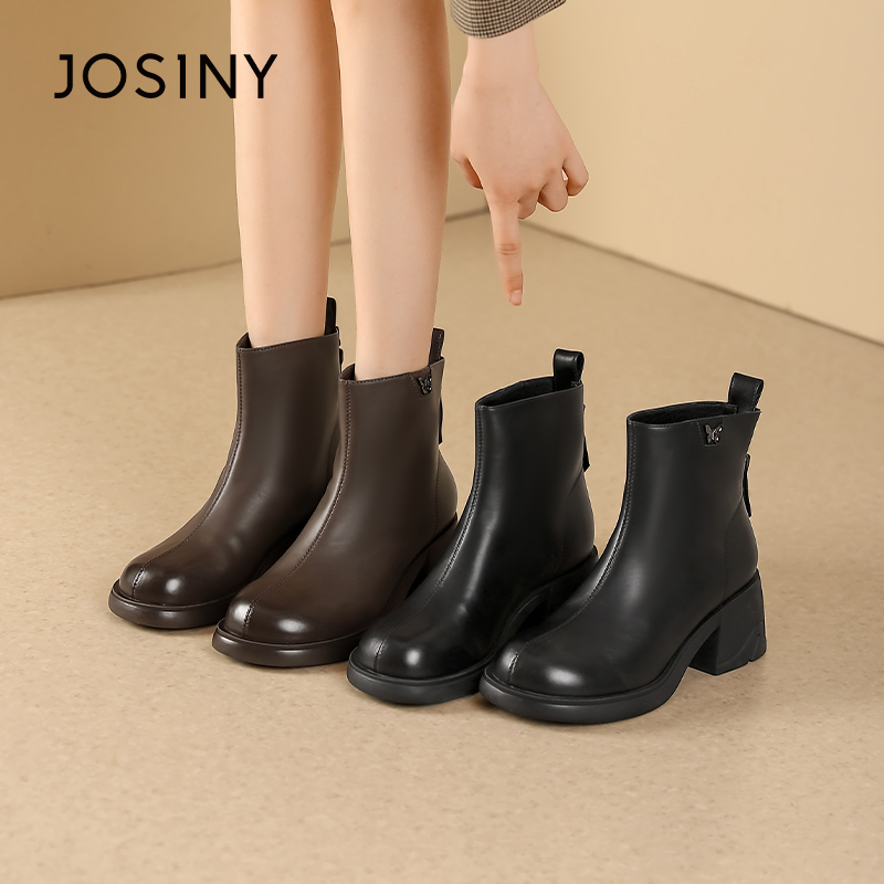 卓诗尼女靴冬季撤柜正品英伦厚底瘦瘦靴舒适圆头金属蝴蝶装饰百搭