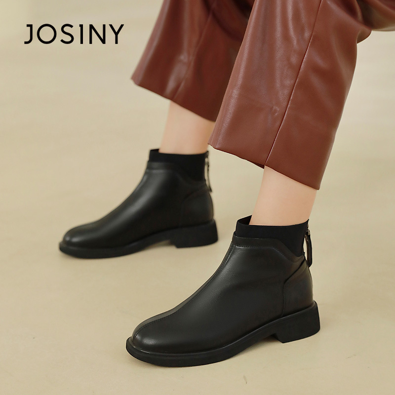 卓诗尼短筒靴撤柜正品法式圆头马丁靴粗跟短靴百搭气质通勤时装靴