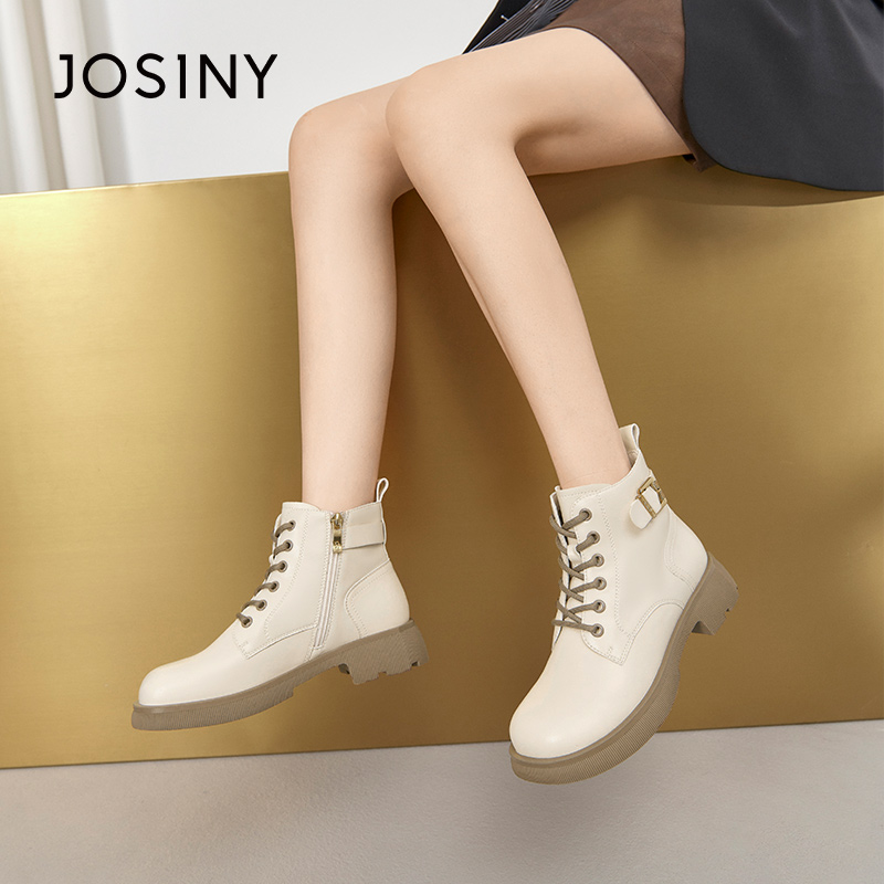 卓诗尼女鞋冬季新款女短靴齿轮大底舒适圆头系带拉链马丁靴百搭潮