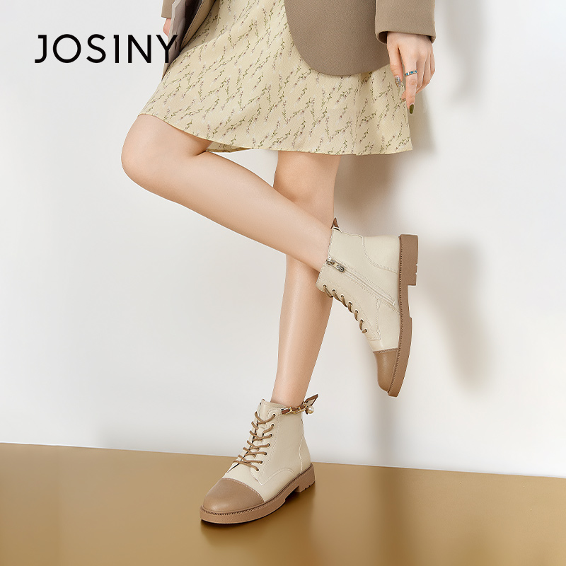 卓诗尼女鞋正品拼色甜酷百搭马丁靴女款撤柜秋冬英伦风显瘦短筒靴