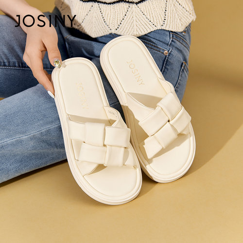 卓诗尼夏季女凉鞋撤柜正品女凉拖交叉编织式平底舒软奶芙凉拖外穿