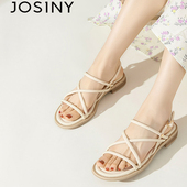 平底方跟仙女软底交叉细带罗马凉鞋 卓诗尼女鞋 夏季 新款 法式 女凉鞋