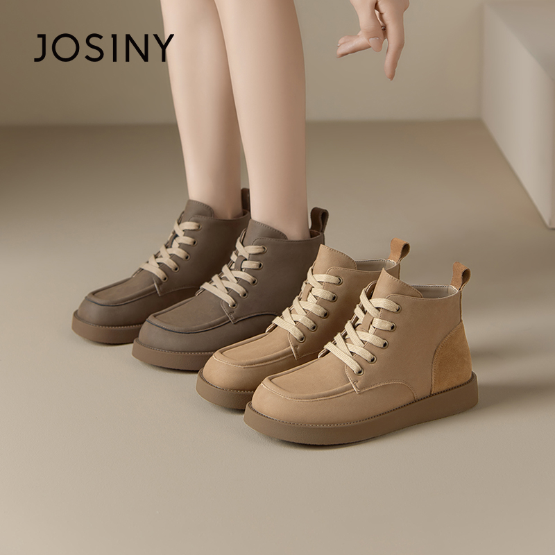 卓诗尼女鞋冬季撤柜正品休闲复古马丁靴圆头系带平底时尚百搭舒适