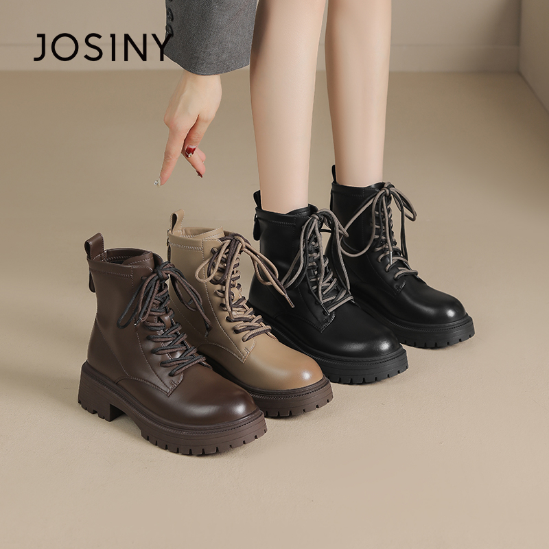 卓诗尼女鞋秋冬撤柜正品复古撞色马丁靴鞋带后拉链圆头厚底百搭潮
