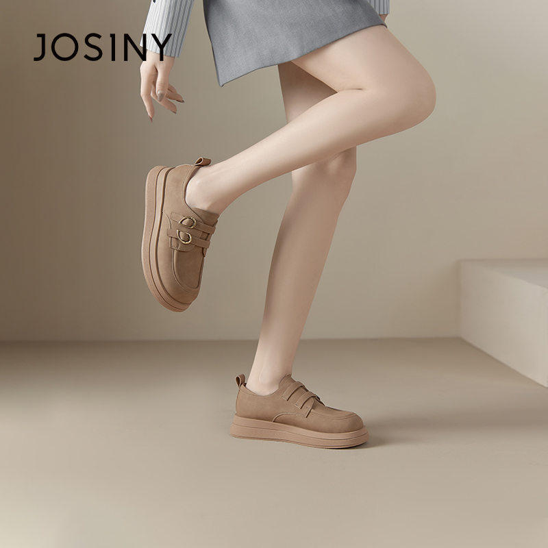 卓诗尼女鞋撤柜正品厚底乐福鞋春秋博肯厚底圆头面包鞋爱心双搭扣