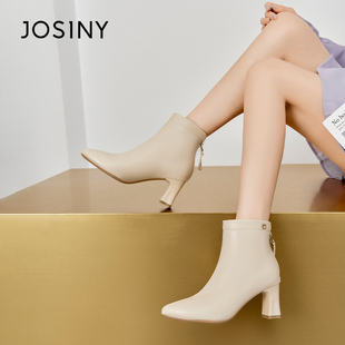 卓诗尼冬季女士短筒靴子圆头粗高跟加绒后拉链及踝韩版时装休闲