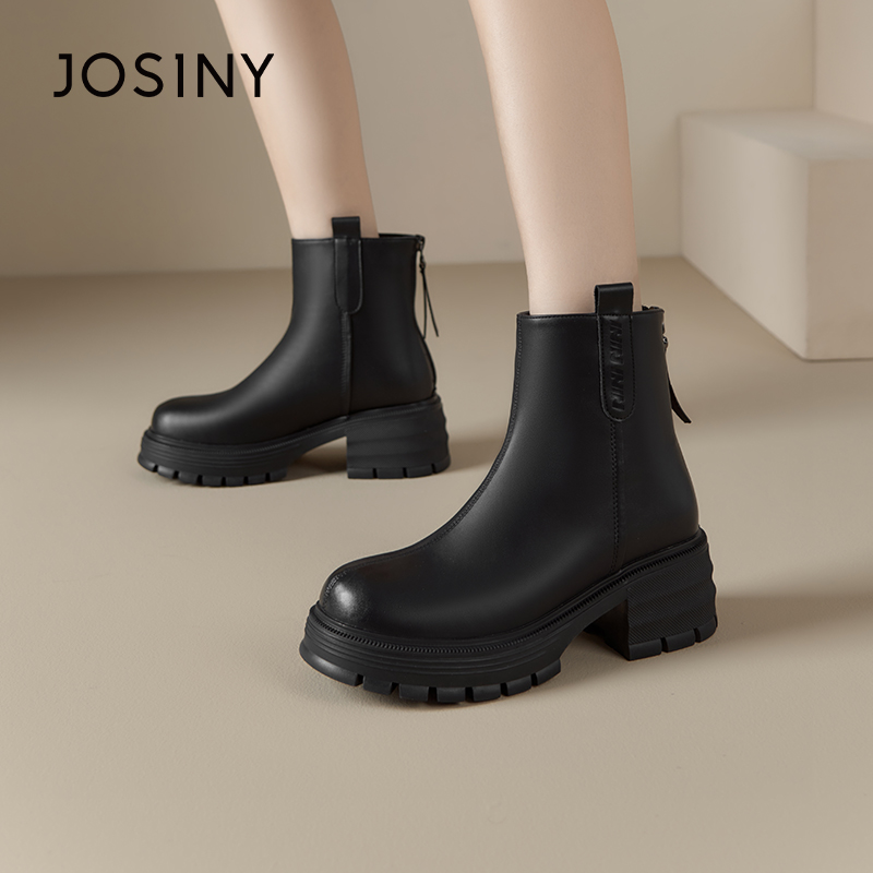 卓诗尼女靴冬季撤柜正品复古厚底切尔西靴舒适圆头双提耳时尚百搭